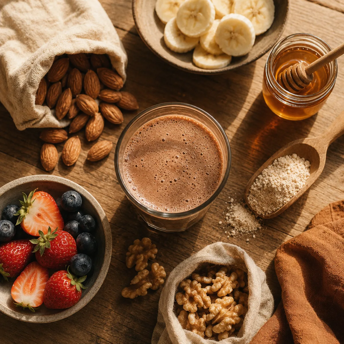 Mesa con desayuno saludable y malteada