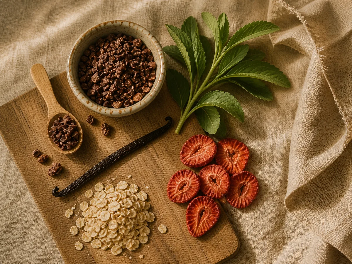 Ingredientes naturales: cocoa, stevia, vainilla, avena, fresas