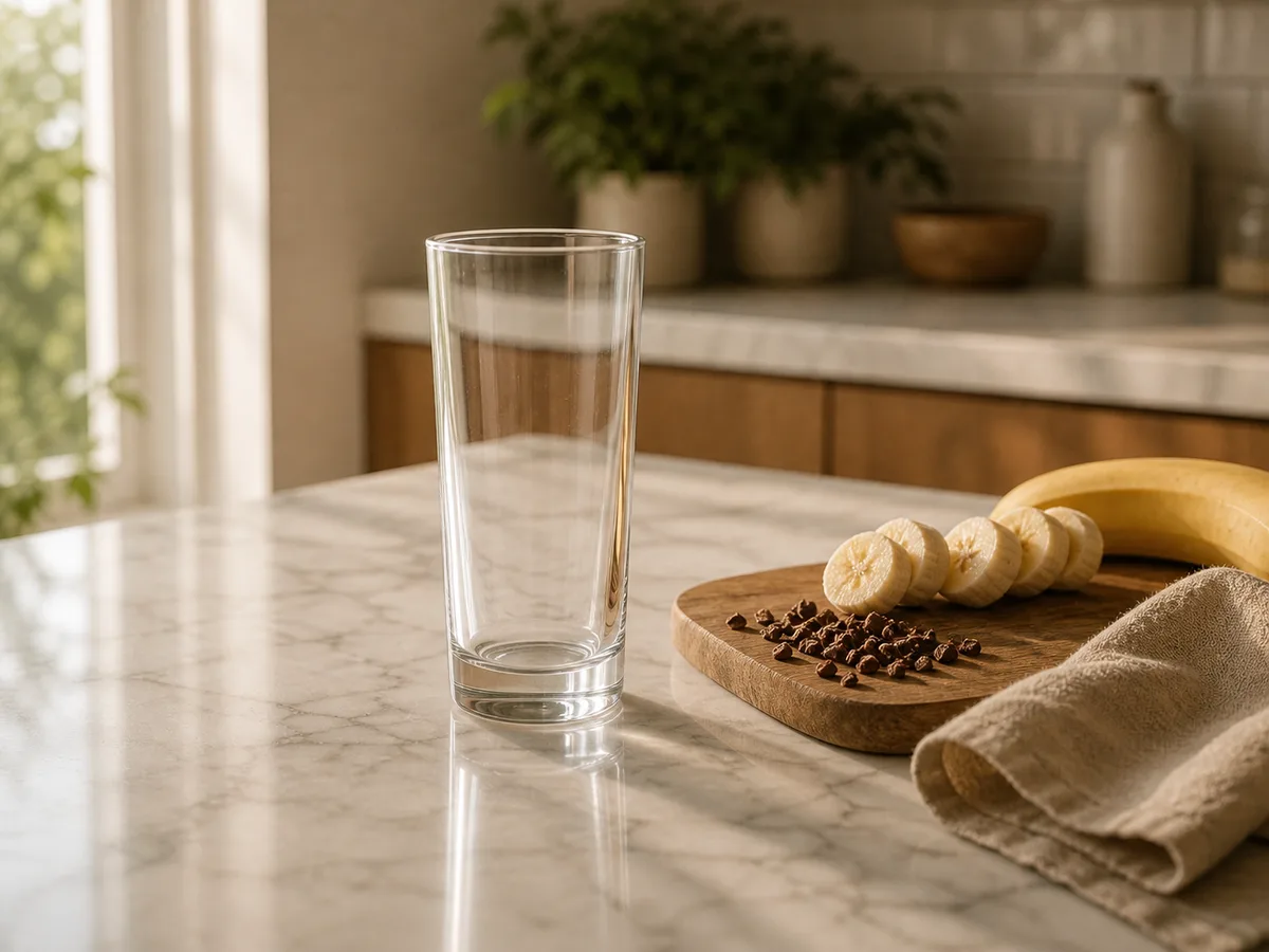 Encimera de mármol con vaso, banana y cocoa nibs