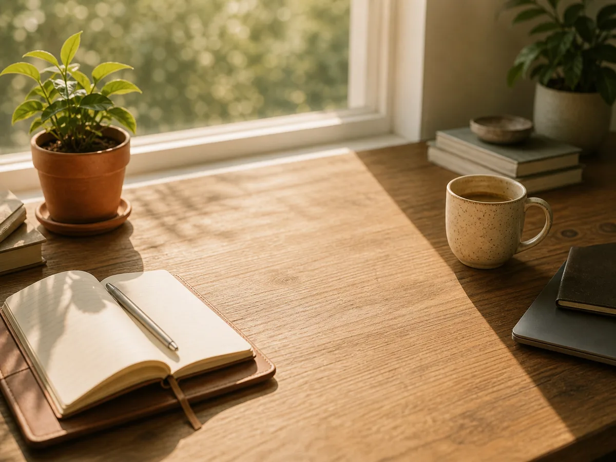 Escritorio con luz de mañana, libreta y café
