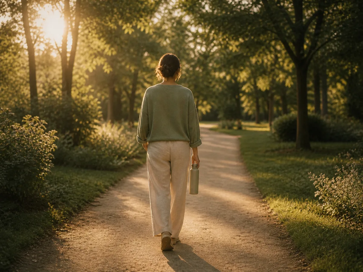 Persona caminando en parque al atardecer