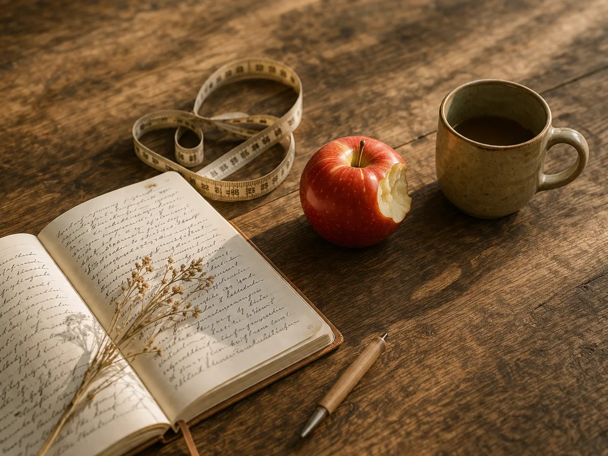 Mesa de madera con manzana, libreta y cinta métrica