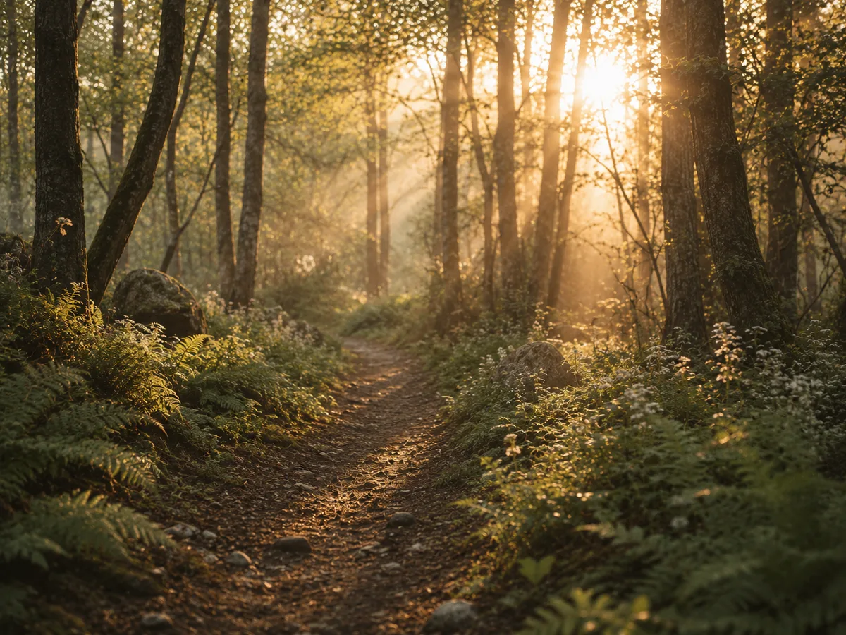 Camino en bosque al golden hour, helechos y luz dorada filtrando entre árboles