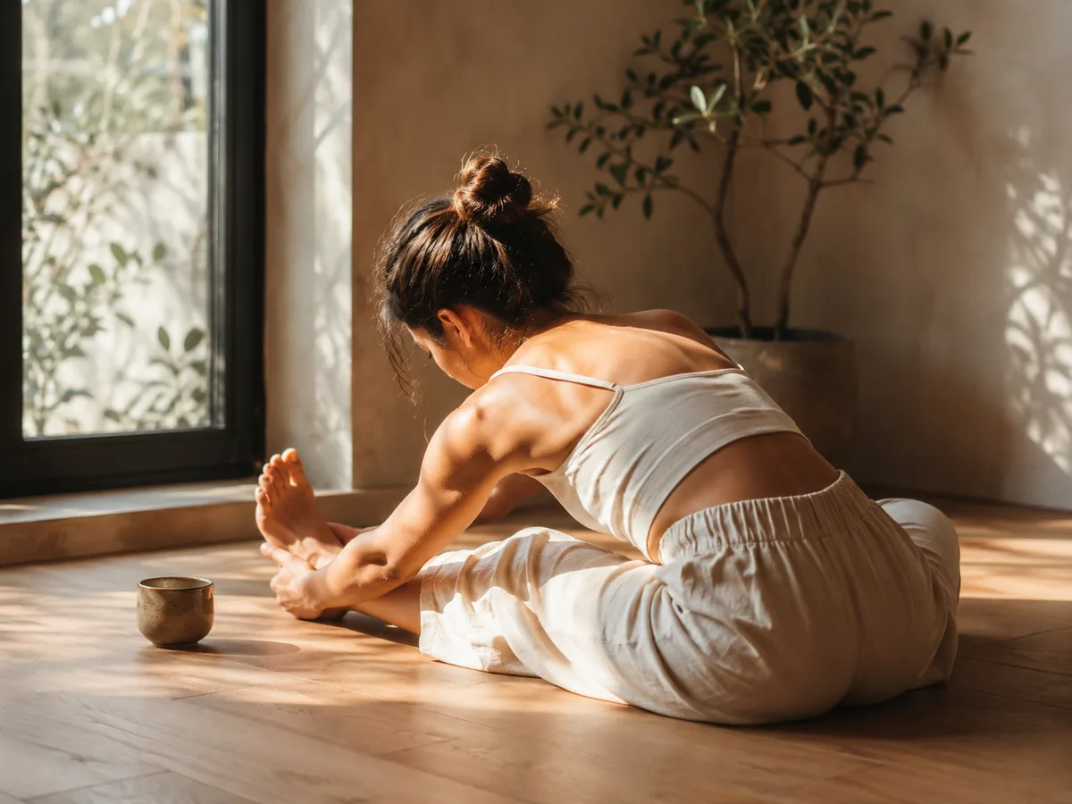 Mujer estirando con calma en yoga matutino, luz dorada de ventana