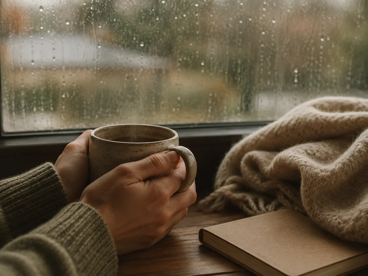 Manos sosteniendo taza de té junto a ventana lluviosa, manta beige