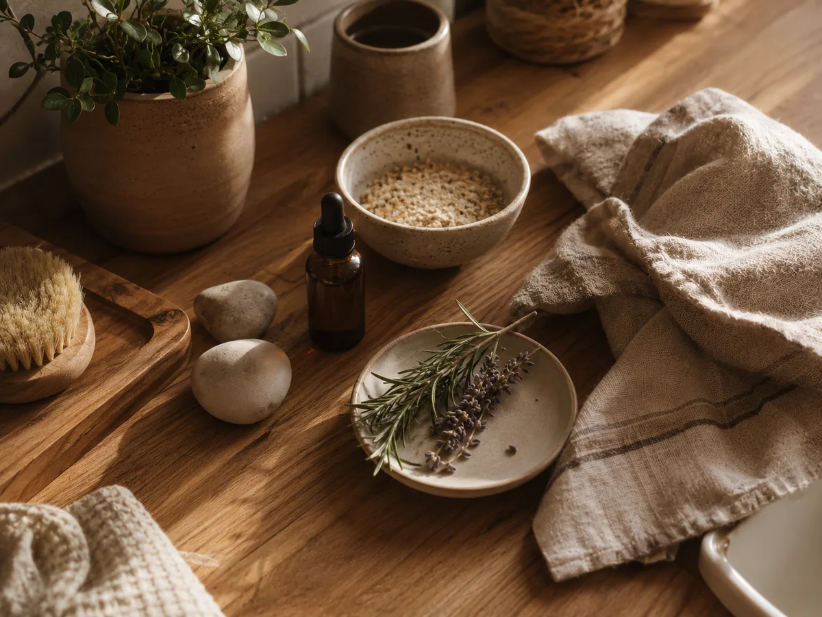 Ritual de cuidado personal: dropper, lavanda, avena, planta y toalla linen