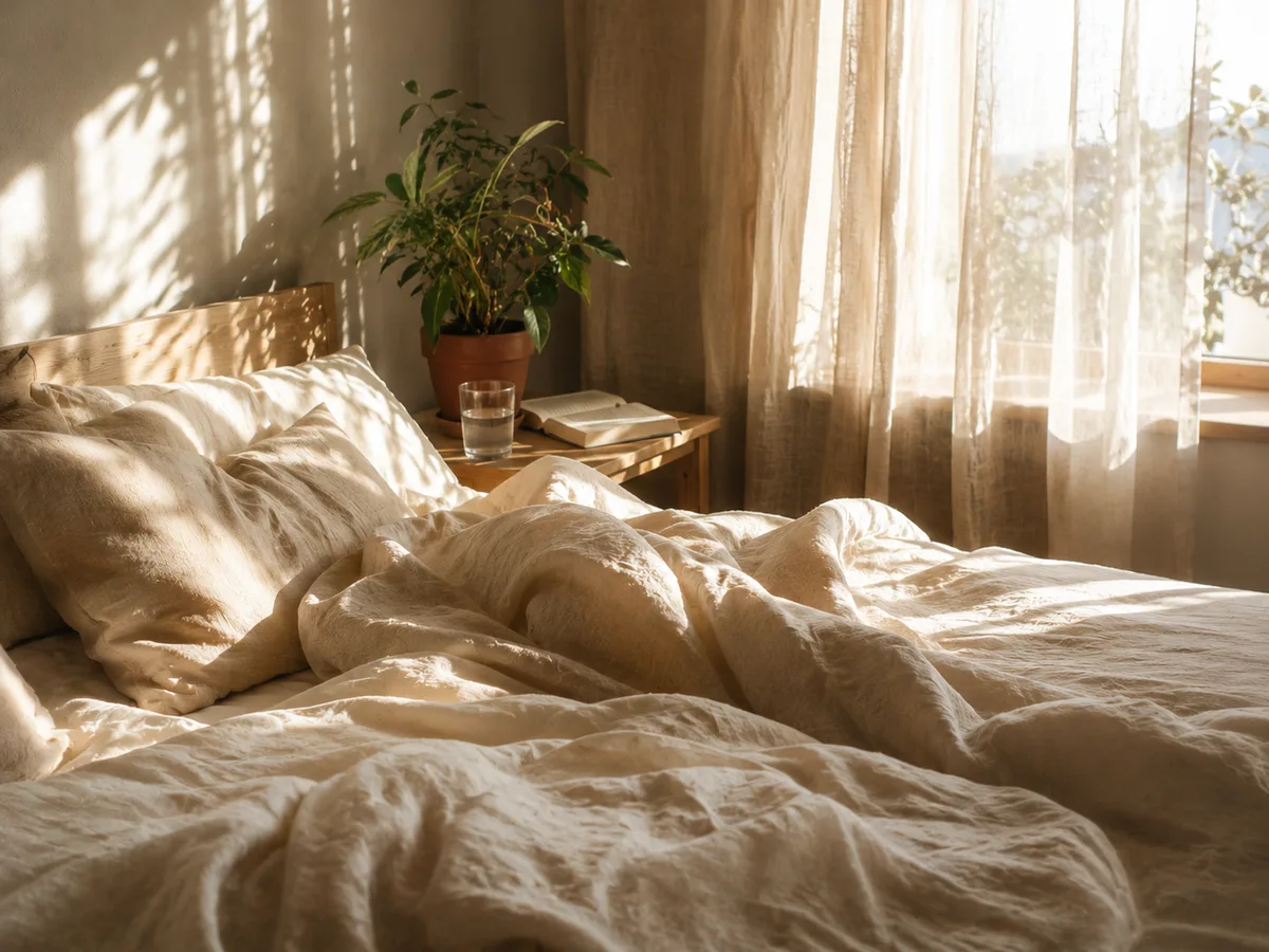 Cama matutina con sábanas linen cream, luz dorada por cortinas sheer