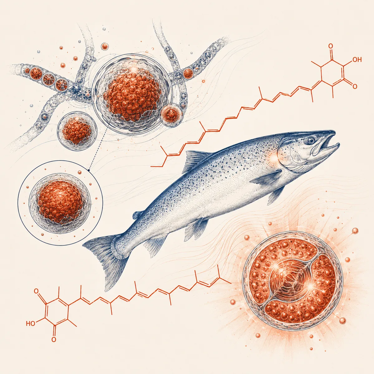 Ilustración editorial de Astaxanthina — microalgas y salmón
