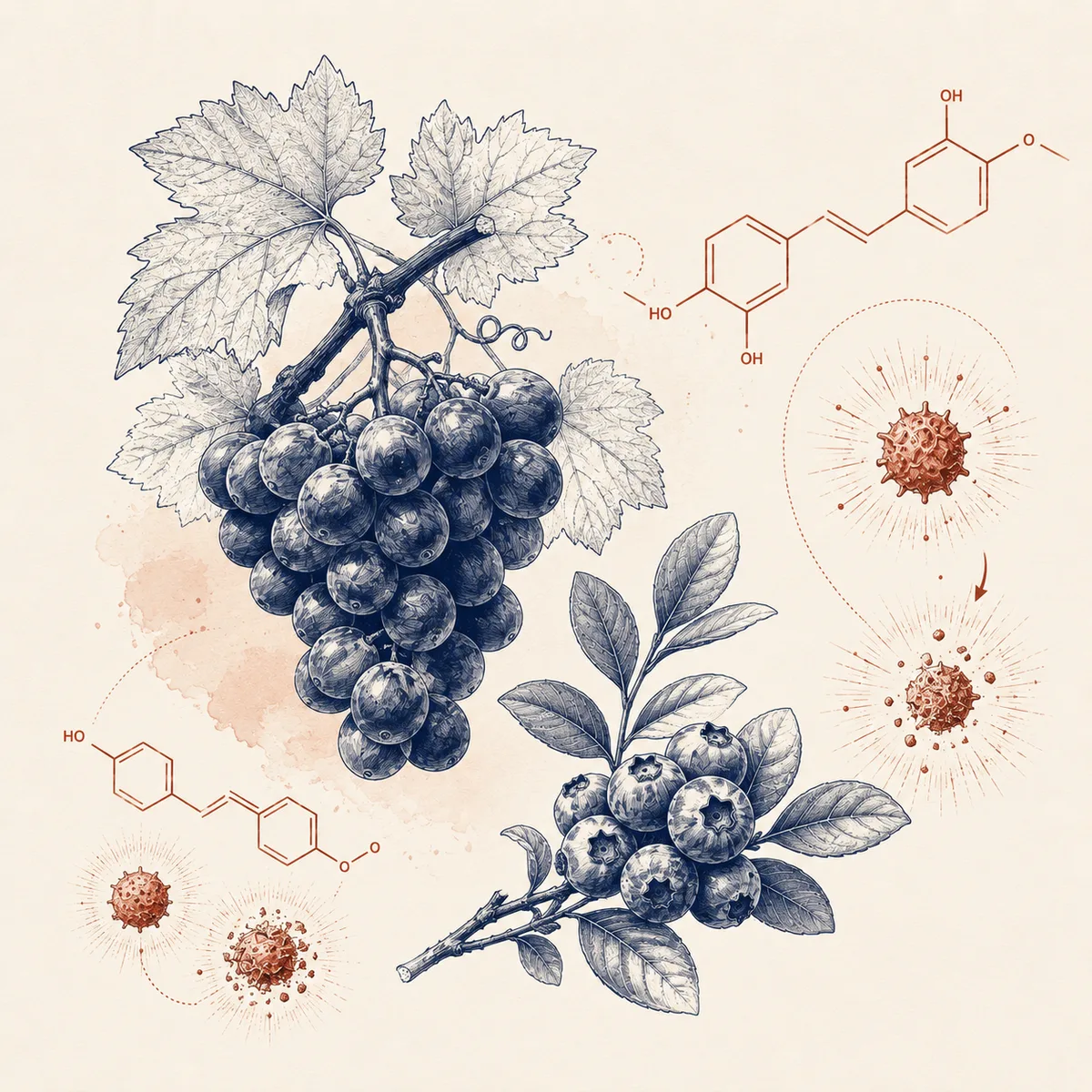 Ilustración editorial de Pterostilbene — uvas y arándanos