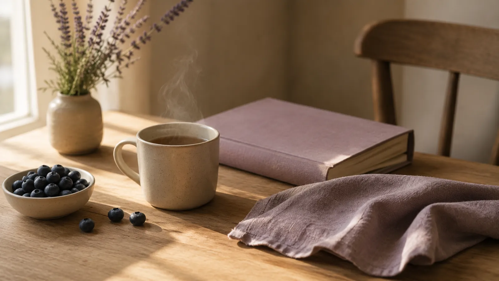 Mesa con té caliente y un libro, ambiente sereno