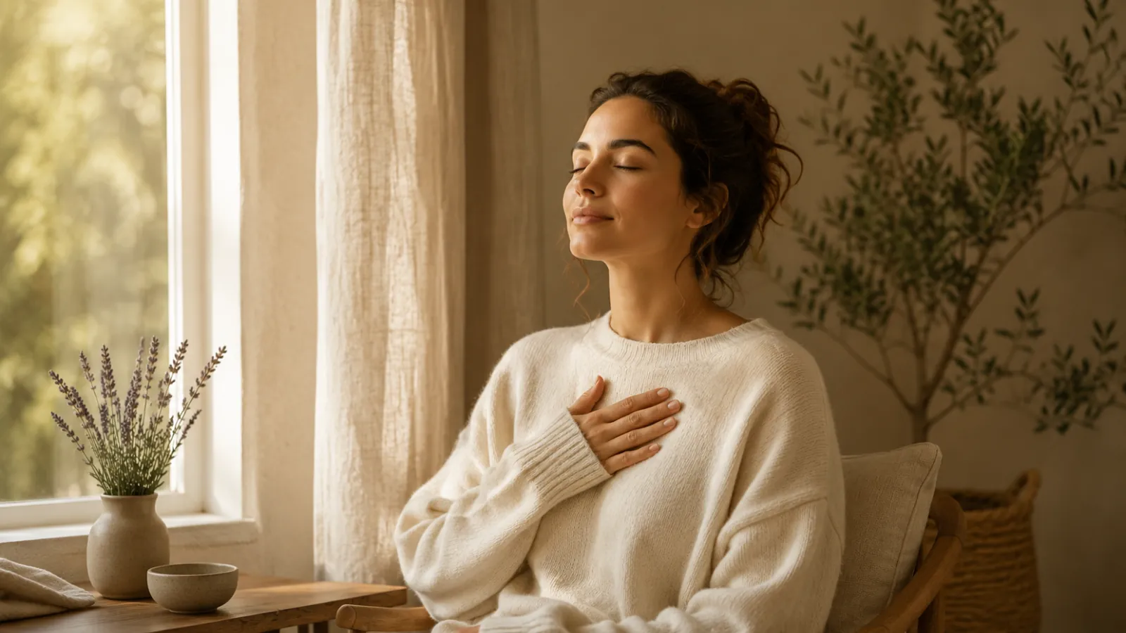 Mujer respirando en calma junto a una ventana
