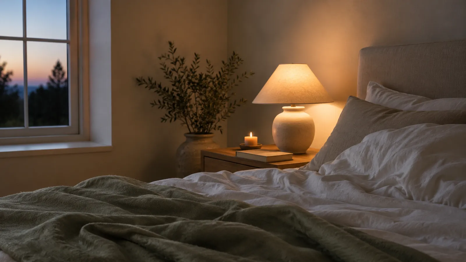 Habitación tranquila al anochecer, cama con sábanas claras